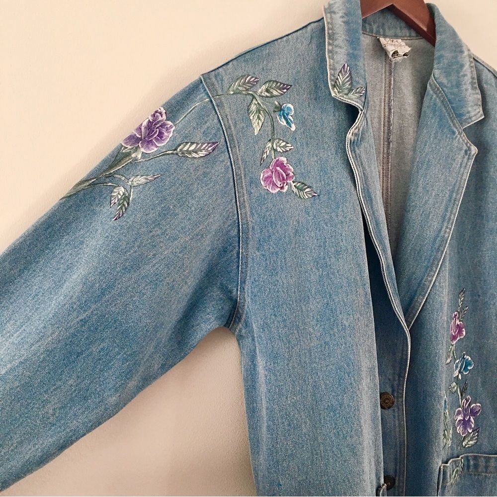 VINTAGE CMC Oversized Denim Blazer with Floral Designs | Size Large - Picture 1 of 8